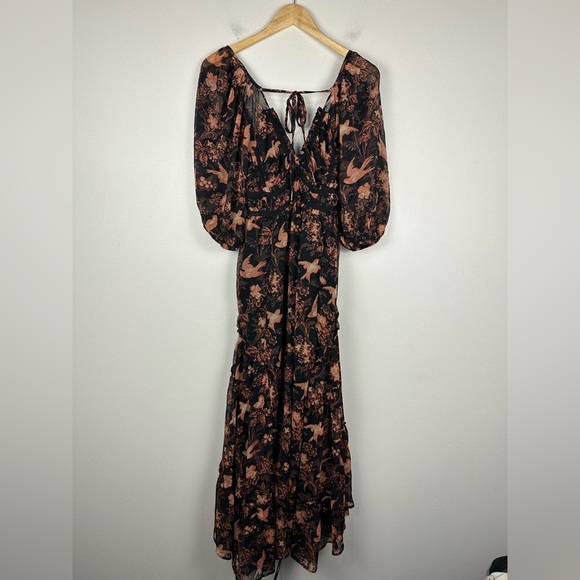 Free People You're A Jewel Maxi Dress Chiffon Black Rose Bird Print Floral Sz XS - Picture 4 of 11
